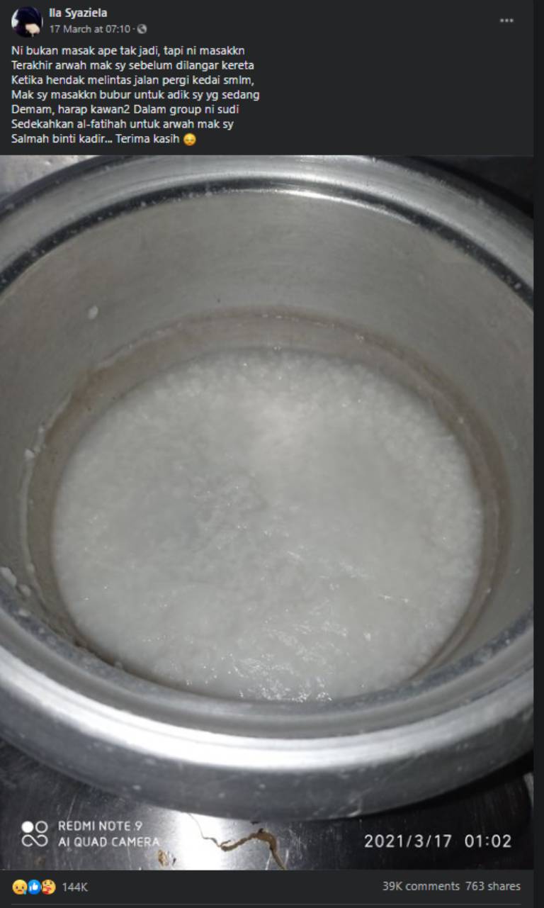 Salmah Binti Kadir sempat memasakkan bubur nasi buat adiknya yang sedang demam, sebelum meninggal dunia Salmah Binti Kadir sempat memasakkan bubur nasi buat adiknya yang sedang demam, sebelum meninggal dunia