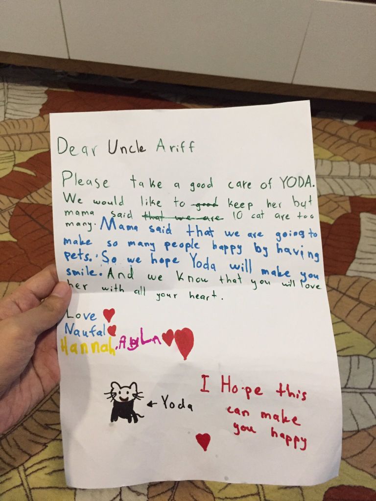 Ariff mendapat sepucuk ‘surat comel’ daripada pemilik kucing terdahulu