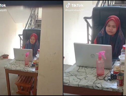 Wanita Jadikan Tangga Sebagai Pejabat, Siap Bawa Meja & Kerusi CEO-Kerja dari tangga