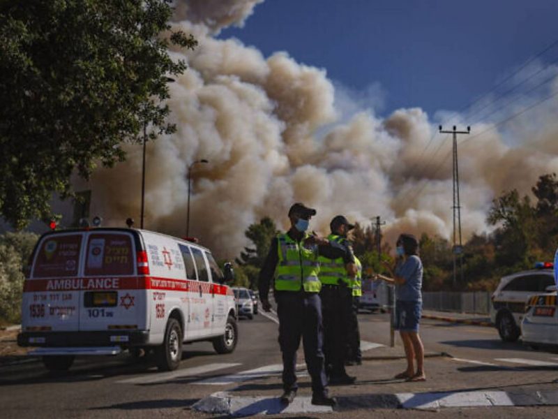 Emergency services at the site of a fire which broke out in a forest near Beit Meir, outside of Jerusalem