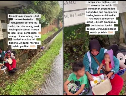 Ibu ‘Mickey Mouse’ Berteduh Dari Hujan Bersama Anak_Blur