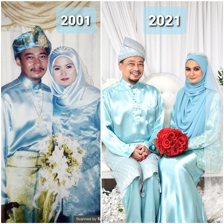 gambar lama Yusni Ibrahim ketika majlis perkahwinan 2001 berserta gambar pada tahun 2021 dengan memakai baju kahwin yang sama 01