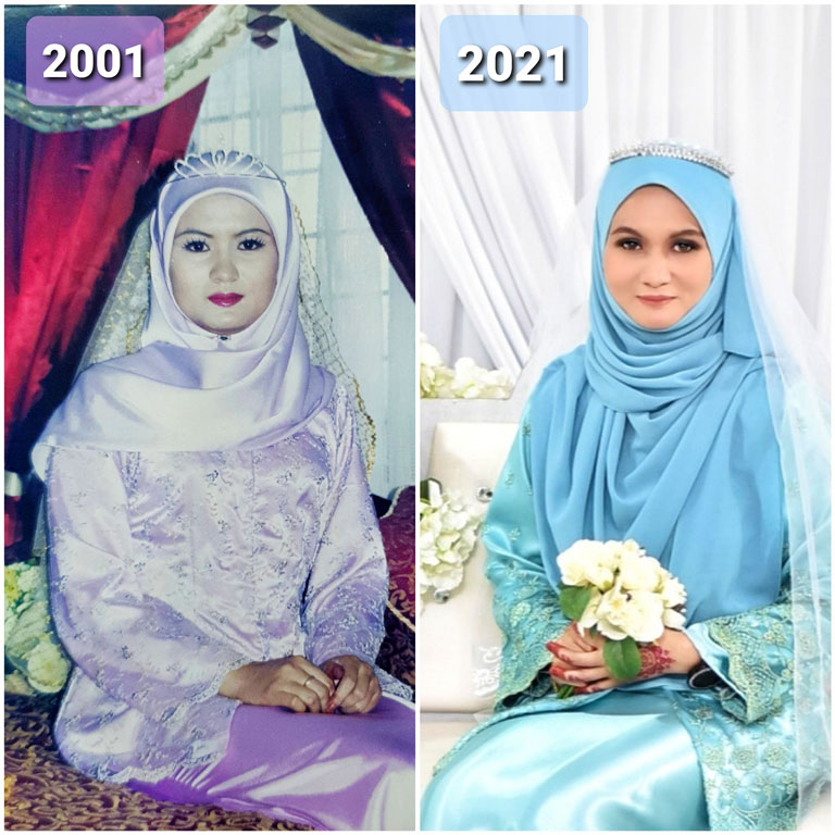 gambar lama Yusni Ibrahim ketika majlis perkahwinan 2001 berserta gambar pada tahun 2021 dengan memakai baju kahwin yang sama 02
