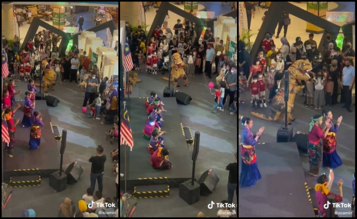 Bukan Main ‘Galak’! Gelagat Maskot Dinosaur Ikut Joget Zapin Buat Netizen Terhibur